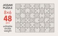 Empty jigsaw puzzle grid template, 8x6 shapes, 48 pieces. Separate matching puzzle elements.