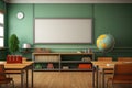 Empty junior high school classroom with a clean white blackboard