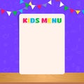 Empty kids menu blank template. Food festival, birthday party or kindergarten cafe banner with holiday flags garland