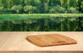 Empty kitchen table on forest lake background. Royalty Free Stock Photo