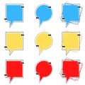 Empty komiks texting boxes. Blue, Yellow and Red. Bubble and square. Quotation marks. Speech citation balloons, remark frame