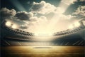 Empty large football field with flashlights and sunny cloudy sky background. Generative AI