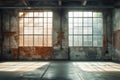 Empty, large interior with old brick walls and big windows. Grunge industrial loft interior