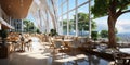 Empty large modern cafeteria with eco interior and large windows with city view.Wide angle.AI Generative Royalty Free Stock Photo