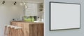 An empty large poster mockup on the white wall in front of a cozy Scandinavian kitchen