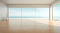 Empty large room in luxury beach house with wooden floor, large windows. AI generated Royalty Free Stock Photo