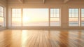 Empty large room in luxury beach house with wooden floor, large windows. AI generated Royalty Free Stock Photo