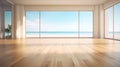 Empty large room in luxury beach house with wooden floor, large windows. AI generated Royalty Free Stock Photo