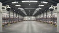 Empty large warehouse interior with surveillance cameras on concrete pillars. Storage facility safety and security system concept. Royalty Free Stock Photo