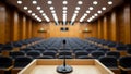 Empty lecture hall with a microphone on a podium, ready for a formal presentation or conference event. no people Royalty Free Stock Photo