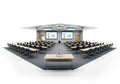 Empty lecture hall with rows of chairs and projector screens Royalty Free Stock Photo