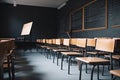empty lecture hall with wooden chairs and blackboard on the wall