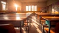 Empty lecture room within a school, illuminated by sunlight. Generative AI