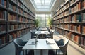 Empty library with book shelves. Tables are equipped with laptops and notebooks. Place for reading or studying in university. Royalty Free Stock Photo