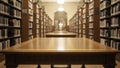 Empty Library Study Table Surrounded by Bookshelves Royalty Free Stock Photo