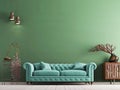 Empty light mint wall in classical style interior with green sofa.