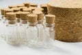 Empty little bottles with cork stopper isolated on white. transparent containers. test tubes. big cork Royalty Free Stock Photo