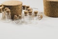 Empty little bottles with cork stopper isolated on white. transparent containers. test tubes. big cork Royalty Free Stock Photo