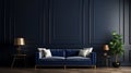 Empty living room with black paneling on the wall and navy blue color sofa, wooden frame mockup on wall Decorative wall with Royalty Free Stock Photo