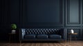 Empty living room with black paneling on the wall and navy blue color sofa, wooden frame mockup on wall Decorative wall with Royalty Free Stock Photo