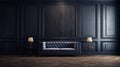 Empty living room with black paneling on the wall and navy blue color sofa, wooden frame mockup on wall Decorative wall with Royalty Free Stock Photo