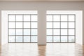 Empty Living room design interior. Modern stylish home area. Oak parquet floor. Panoramic window. Front view. No people Royalty Free Stock Photo