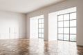 Empty Living room design interior. Modern stylish home area. Oak parquet floor. Panoramic window. White wooden door. No people Royalty Free Stock Photo