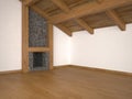 Empty living room with fireplace and roof beams