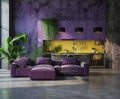 Empty living room interior. Modern industrial style. Purple concrete walls. Sofa and plants Royalty Free Stock Photo