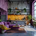 Empty living room interior witch kitchen. Modern industrial style. Concrete walls. Purple and orange detail