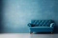 Empty living room with monochrome dusty blue wall and modern sofa. Minimalist contemporary interior. Wall scene mockup product for Royalty Free Stock Photo