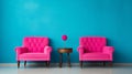 Retro-style living room with sparse furniture and vibrant colors. generated by AI tool