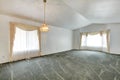 Empty living room with vaulted ceiling and green carpet floor