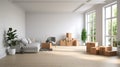 Expansive Purist Living Room With Wooden Furniture And Moving Boxes Royalty Free Stock Photo