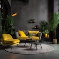 Empty living room, yellow sofa. Minimalist dark indoor with yellow elements. Generative AI Royalty Free Stock Photo