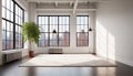 An empty livingroom with plants ,windows and carpet