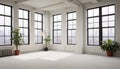 An empty livingroom with plants ,windows and carpet