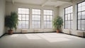 An empty livingroom with plants ,windows and carpet