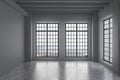 Empty loft room with grey wall, big windows with city view Royalty Free Stock Photo