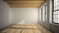 Empty loft room with wooden ceiling 3D rendering