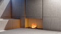 Empty loft style interior living room apartment with fireplace and blank empty cement wall, 3d rendering Royalty Free Stock Photo