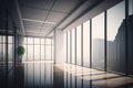 Empty loft unfurnished contemporary interior office with city skyline and buildings city from glass window. Generative AI. Royalty Free Stock Photo