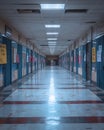 Empty, long, and dimly lit hallway with fluorescent lighting and reflective tiled floor in an institutional building Royalty Free Stock Photo