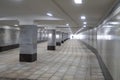 Empty long underground passage with glare of light and lonely pedestrian figure, reflection, background