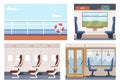 Empty lounges on train, airplane, bus and ship. Public transport interior. Urban transportation system. City vehicle