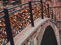 Empty Love Bridge full of love locks under Narikala fort in Tbilisi, Georgia, detail