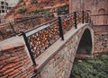 Empty Love Bridge full of love locks under Narikala fort in Tbilisi, Georgia, wide