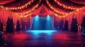 Empty luminous circus tent with string lights and red drapes at night Royalty Free Stock Photo