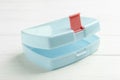 Empty lunch box on white wooden table Royalty Free Stock Photo