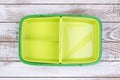 Empty lunch box on wooden table, top view Royalty Free Stock Photo